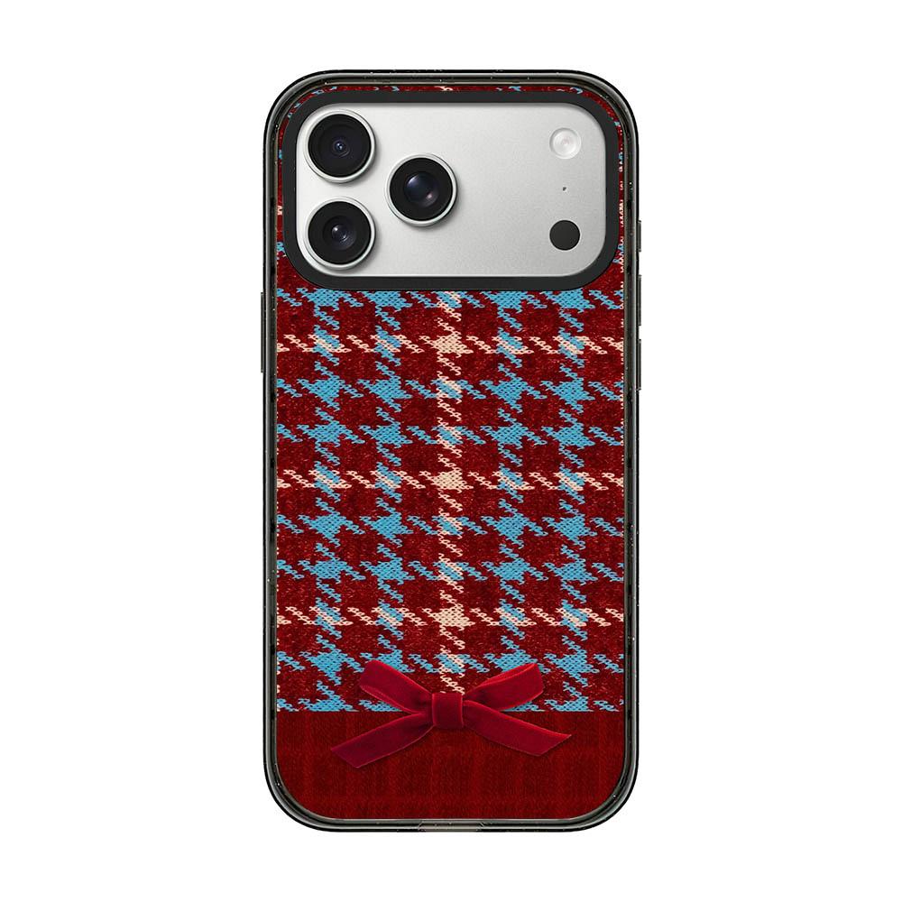 Compatible with iPhone 18 Pro & 17 Pro Denim Knit Printed Acrylic TPU Phone Case - Red Plaid Bow