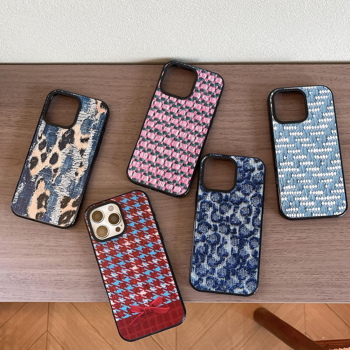 Compatible with iPhone 18 Pro Max & 17 Pro Max Denim Knit Printed Acrylic TPU Phone Case - Pink Green Woven