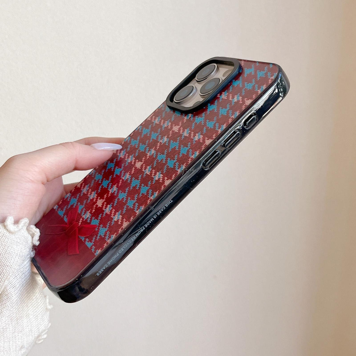 Compatible with iPhone 18 Pro Max & 17 Pro Max Denim Knit Printed Acrylic TPU Phone Case - Blue Houndstooth