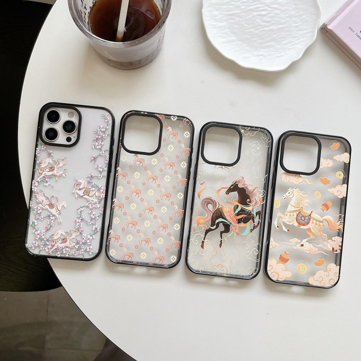 Compatible with iPhone 18 Pro Max & 17 Pro Max Chinese Style Horse Acrylic TPU Phone Case - Peach Blossoms Galloping Horses