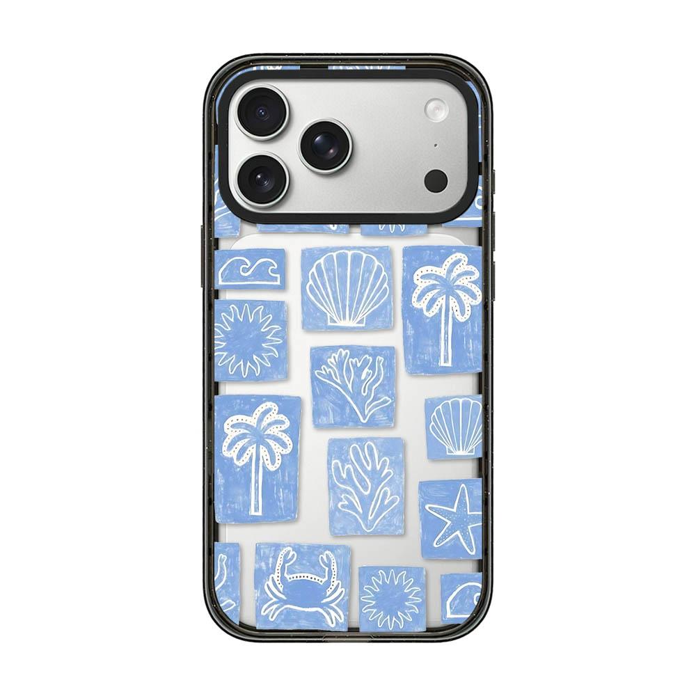 Compatible with iPhone 18 Pro Max & 17 Pro Max Seashell Bow Transparent Acrylic TPU Phone Case - Blue White Ocean Block
