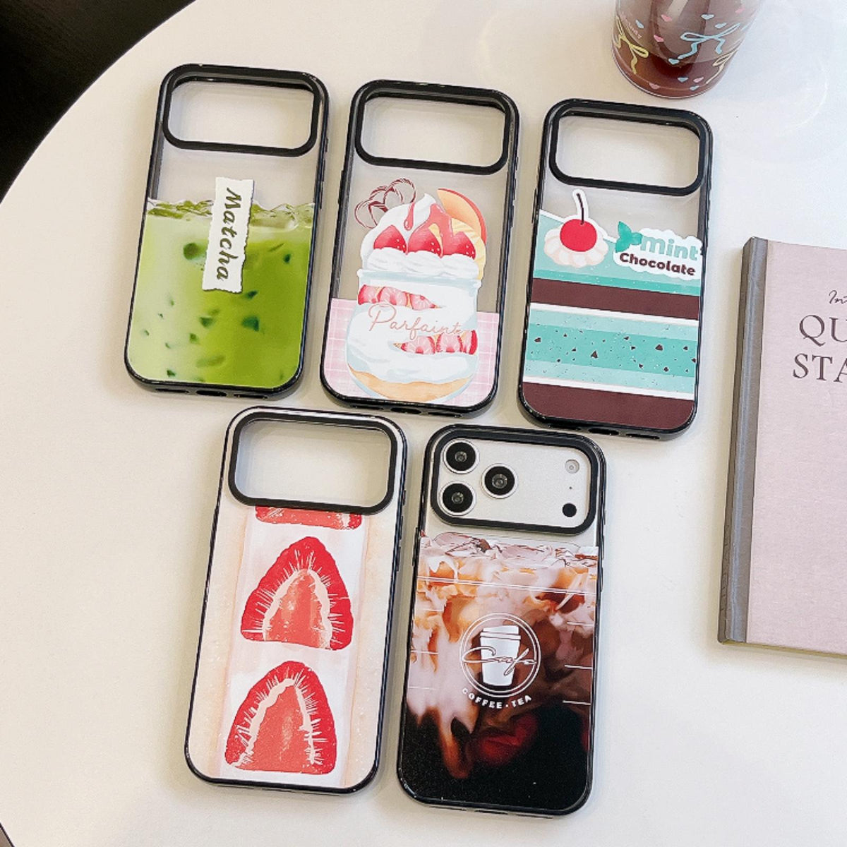 Compatible with iPhone 18 Pro Max & 17 Pro Max Matcha Latte Cake Pattern Acrylic TPU Phone Case - Strawberry Parfait Cup