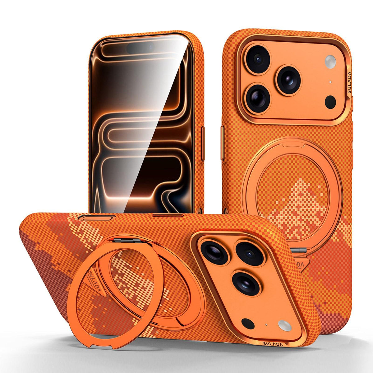 Compatible with iPhone 18 Pro Max SULADA Kevlar Pixel Grid Texture Rotation Magnetic Holder Phone Case - Orange