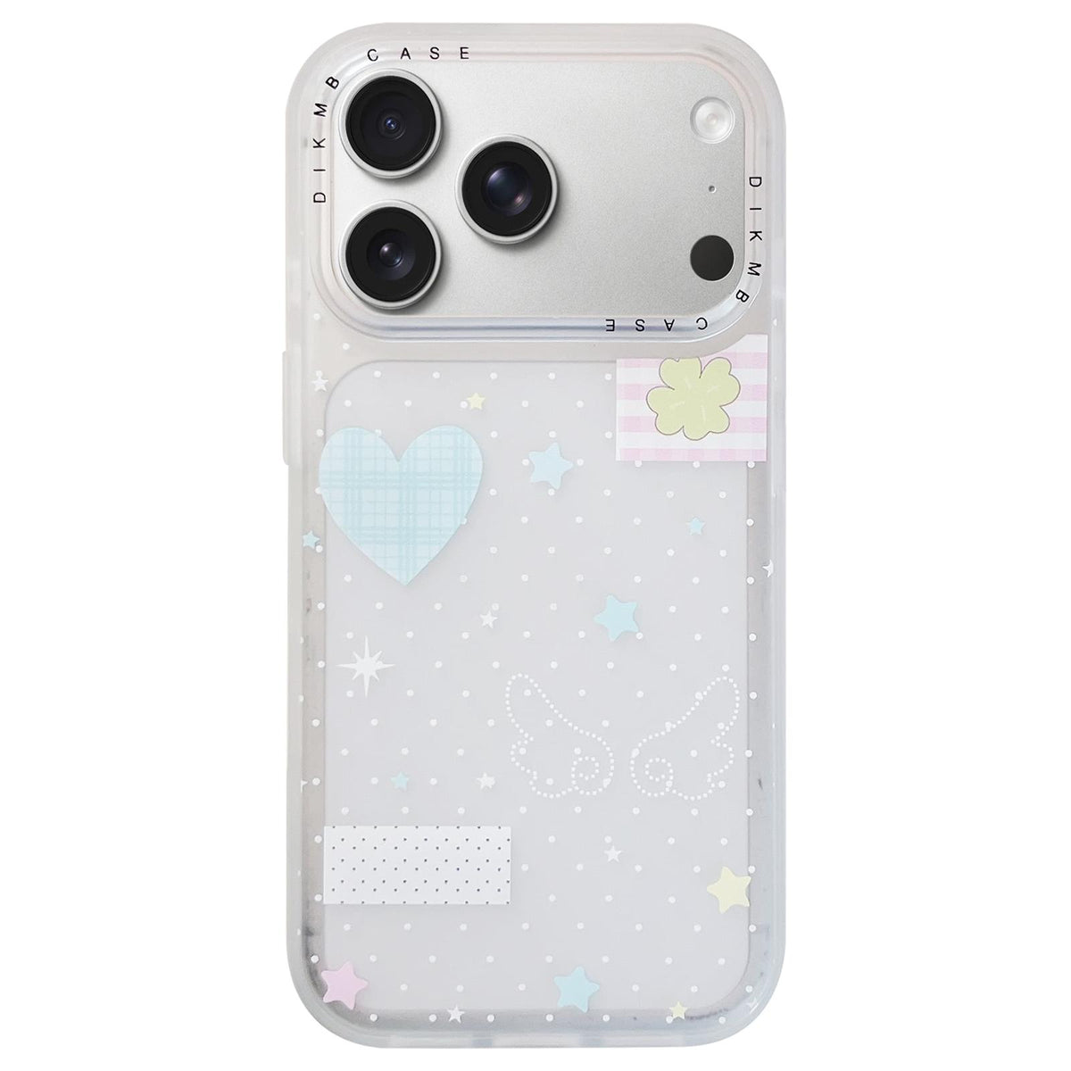 Compatible with iPhone 18 Pro Max & 17 Pro Max Skin Feel Frosted Cartoon Sticker Acrylic Phone Case - Heart Polka Dot Four Leaf Clover