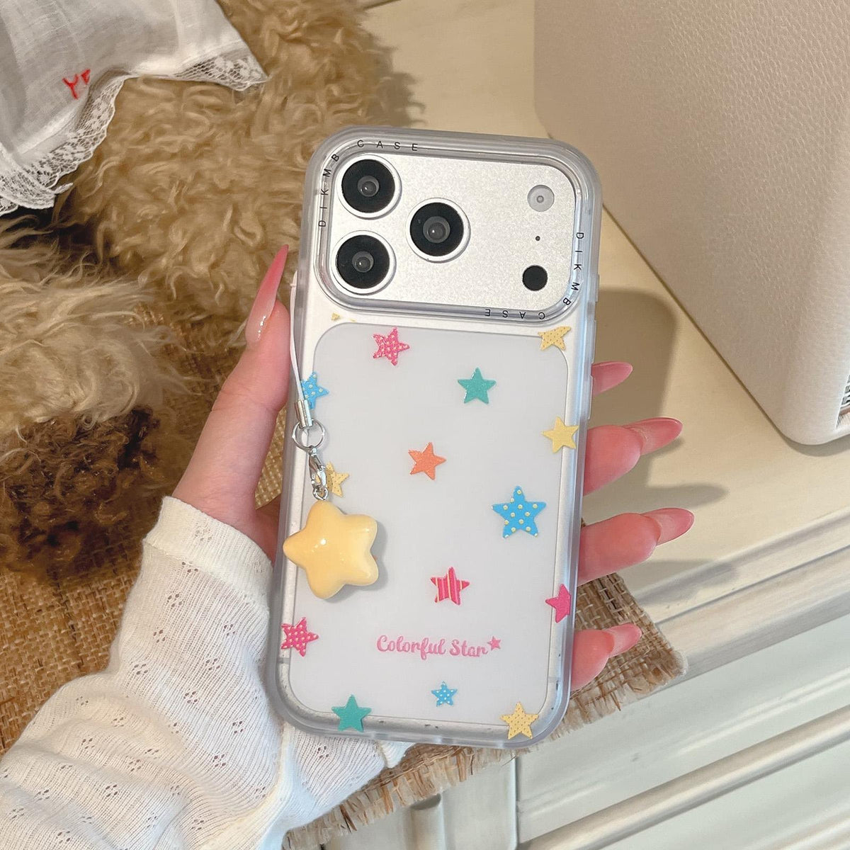 Compatible with iPhone 18 Pro Max & 17 Pro Max Skin Feel Frosted Cartoon Sticker Acrylic Phone Case with Pendant - Star Wings