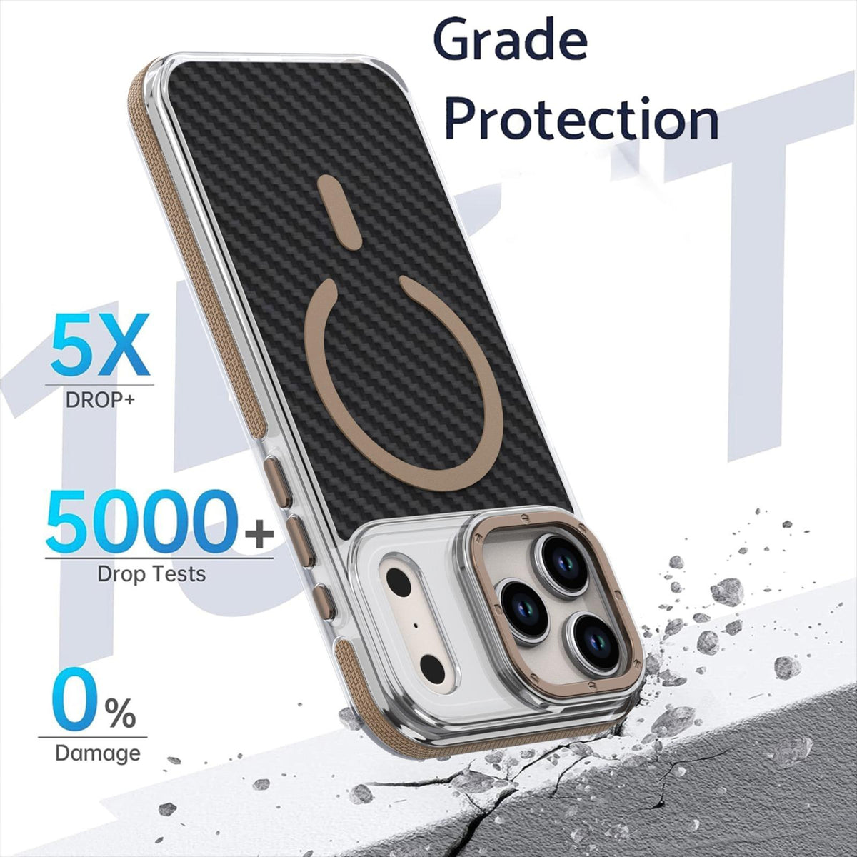 Compatible with iPhone 18 Pro Dual-Color Carbon Fiber Texture Magsafe Phone Case - Gold
