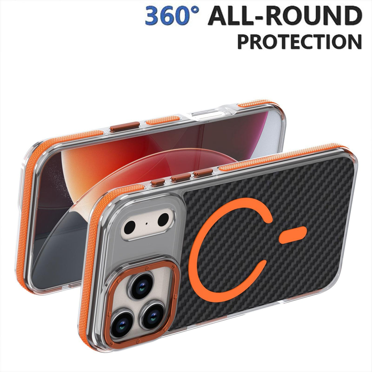 Compatible with iPhone 18 Pro Max Dual-Color Carbon Fiber Texture Magsafe Phone Case - Orange