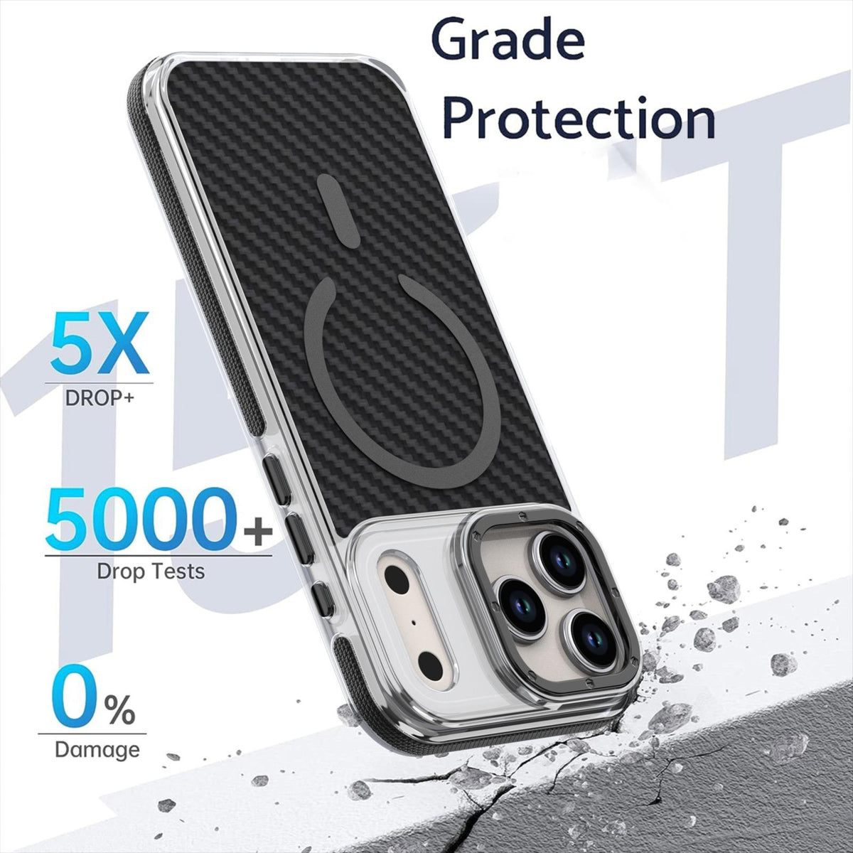 Compatible with iPhone 18 Pro Max Dual-Color Carbon Fiber Texture Magsafe Phone Case - Black