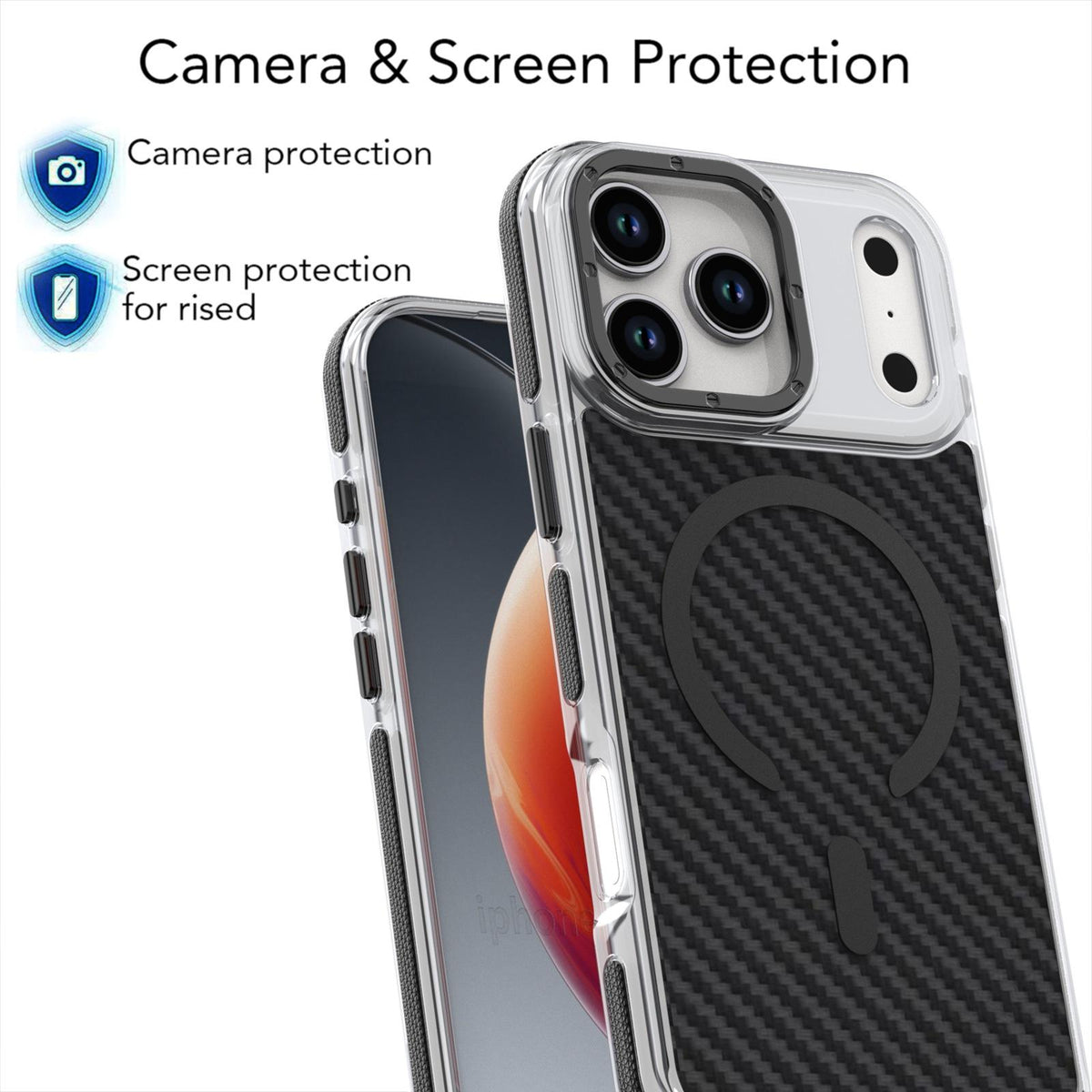 Compatible with iPhone 18 Pro Max Dual-Color Carbon Fiber Texture Magsafe Phone Case - Black