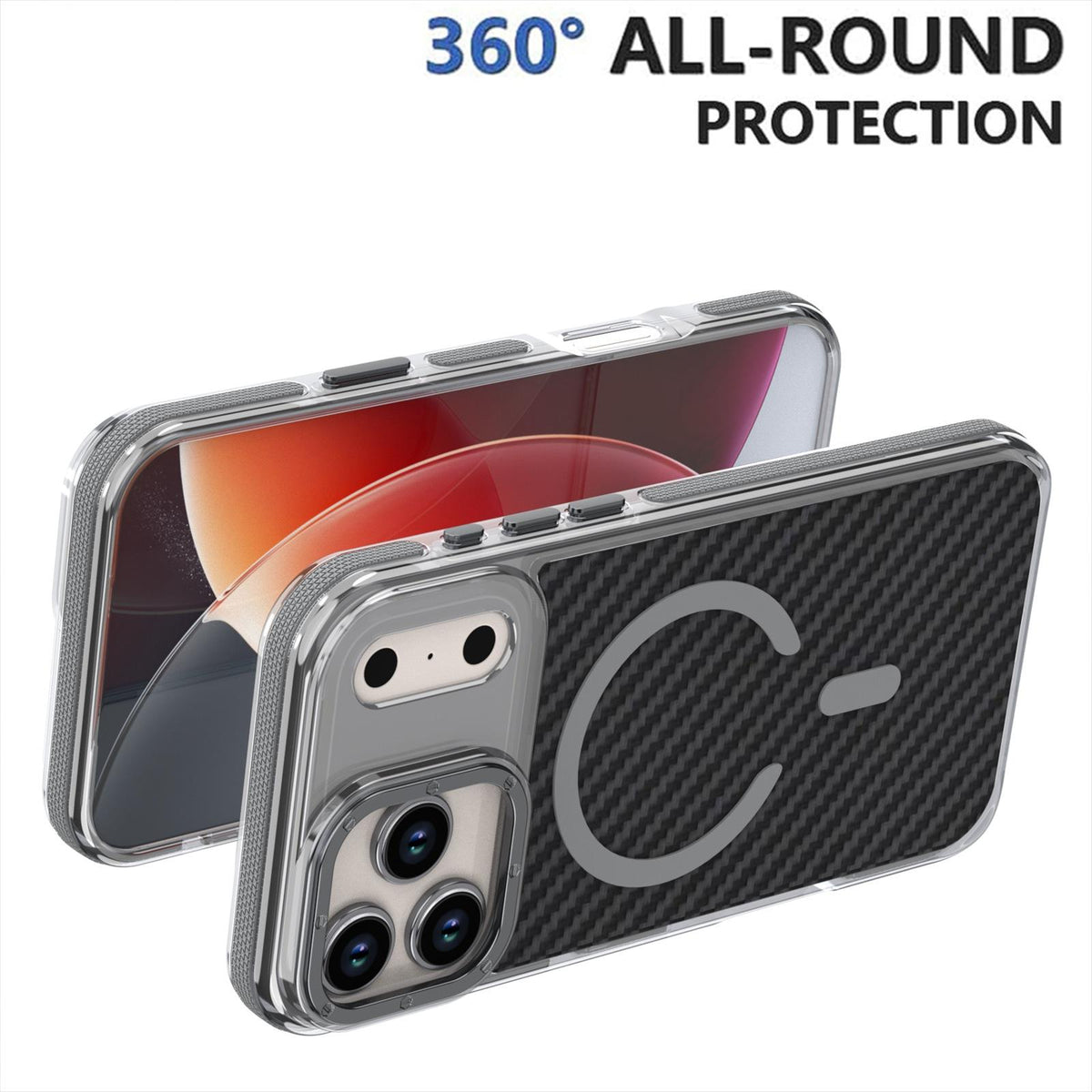 Compatible with iPhone 18 Pro Max Dual-Color Carbon Fiber Texture Magsafe Phone Case - Gray