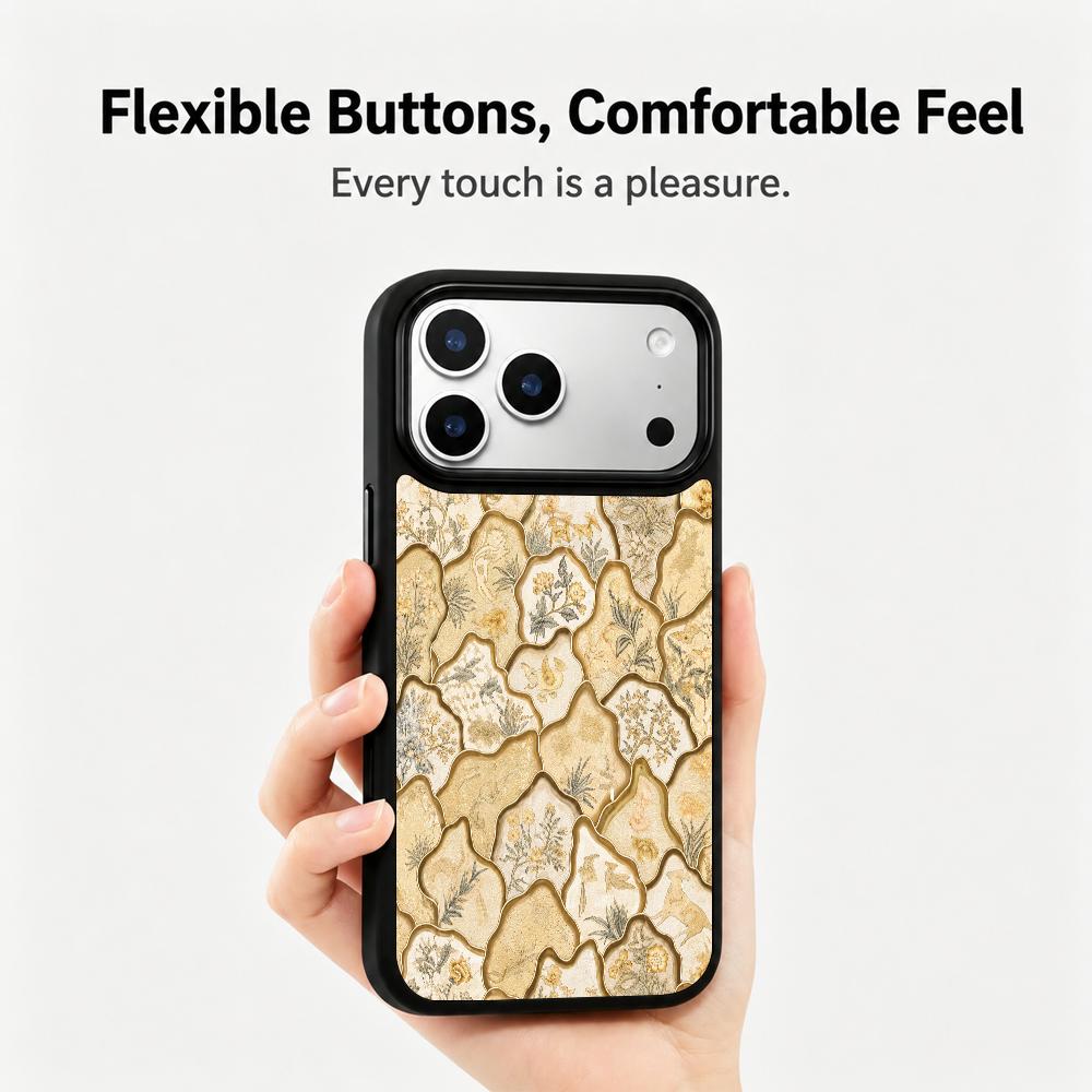 Compatible with iPhone 18 Pro Max & 17 Pro Max Gold Series PC Silicone Magnetic Phone Case - Golden Floral Porcelain