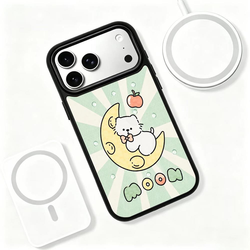 Compatible with iPhone 18 Pro & 17 Pro Wood Series PC Silicone Magnetic Phone Case - Wood Moon Cat
