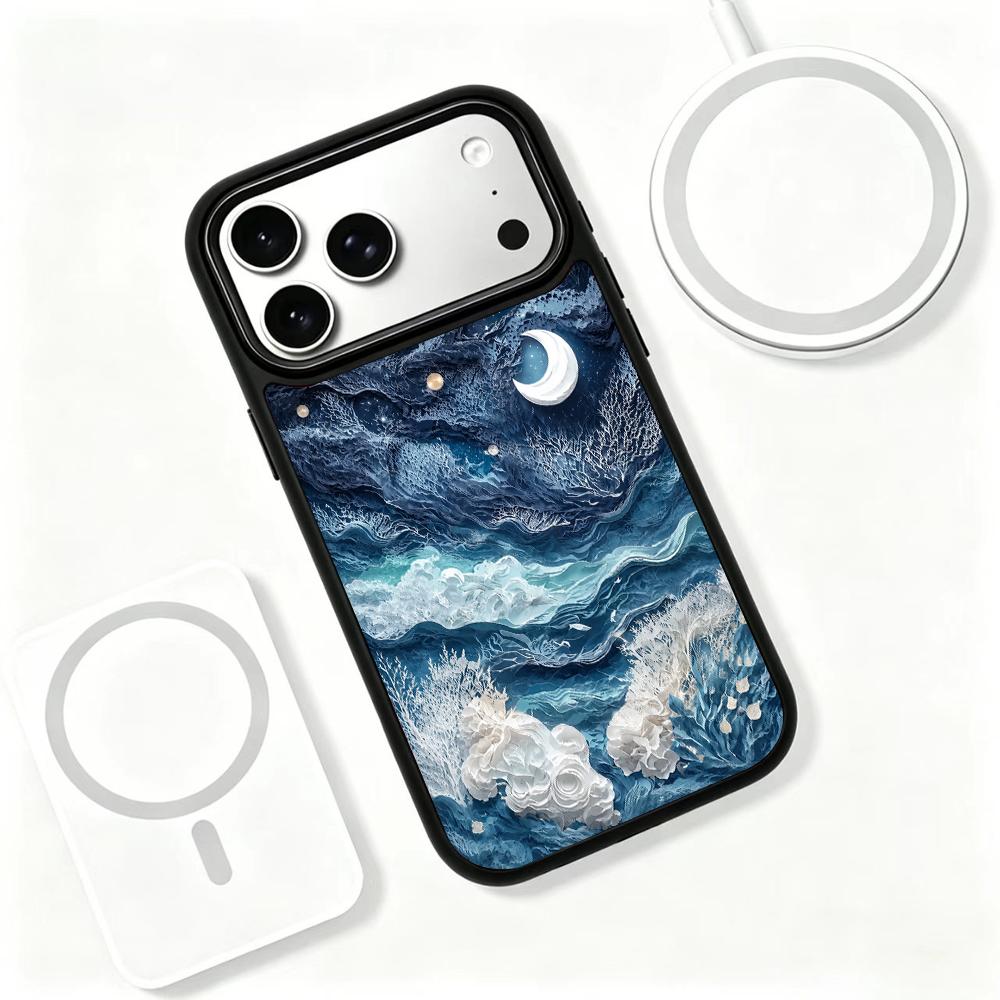 Compatible with iPhone 18 Pro Max & 17 Pro Max Water Series PC Silicone Magnetic Phone Case - Moon Water Waves