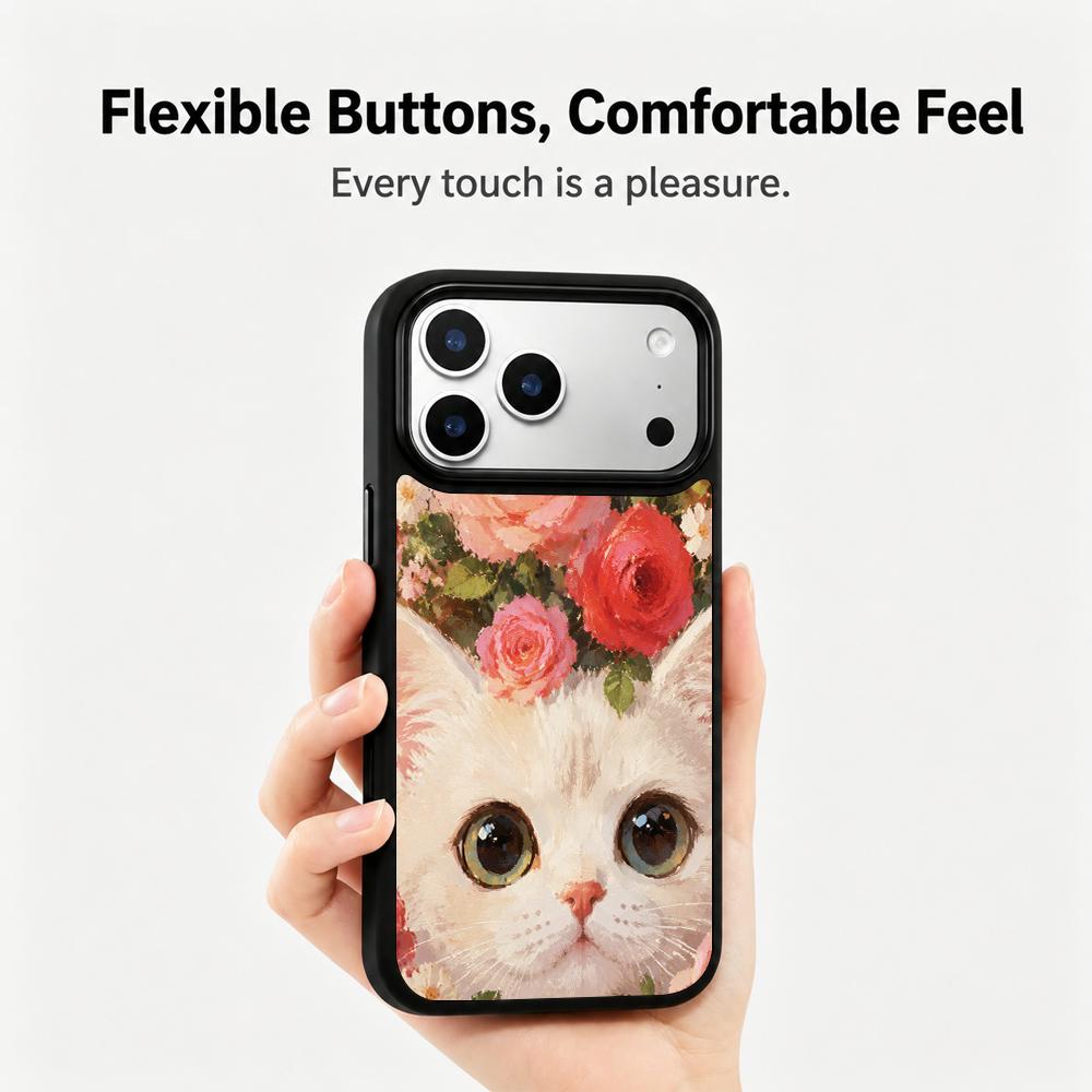 Compatible with iPhone 18 Pro Max & 17 Pro Max Colorful Painting PC Silicone Magnetic Phone Case - Rose White Cat