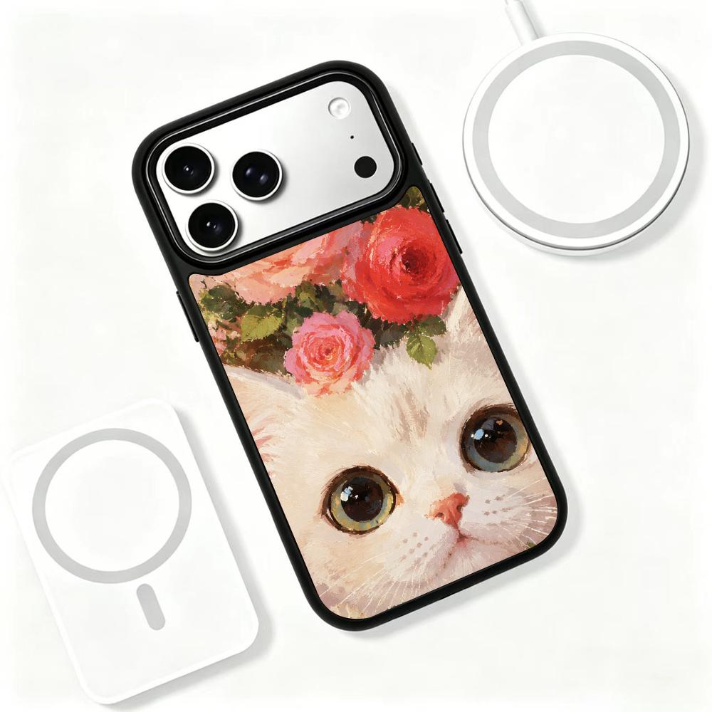 Compatible with iPhone 18 Pro Max & 17 Pro Max Colorful Painting PC Silicone Magnetic Phone Case - Rose White Cat