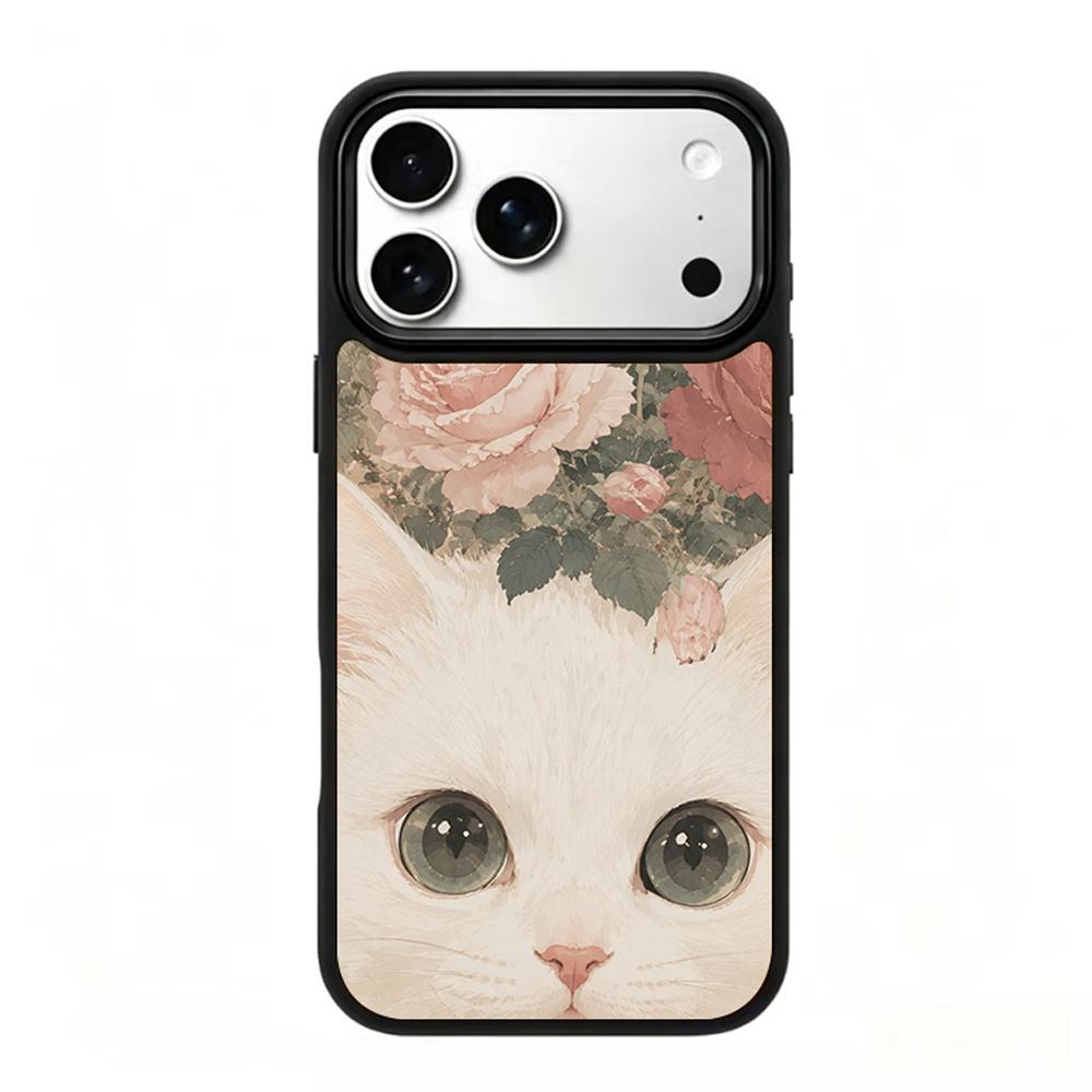 Compatible with iPhone 18 Pro Max & 17 Pro Max Colorful Painting PC Silicone Magnetic Phone Case - Light Pink Rose Cat