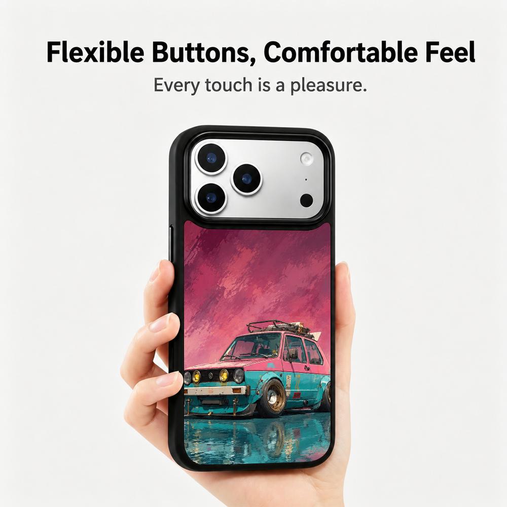 Compatible with iPhone 18 Pro Max & 17 Pro Max Colorful Painting PC Silicone Magnetic Phone Case - Powder Blue Retro Commuter Car