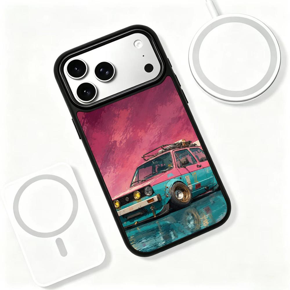 Compatible with iPhone 18 Pro Max & 17 Pro Max Colorful Painting PC Silicone Magnetic Phone Case - Powder Blue Retro Commuter Car