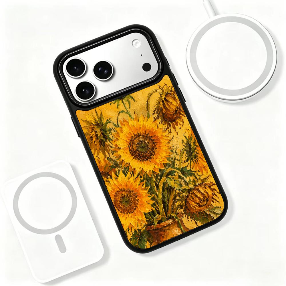 Compatible with iPhone 18 Pro Max & 17 Pro Max Colorful Painting PC Silicone Magnetic Phone Case - Thickly Coated Sunflower Bouquet