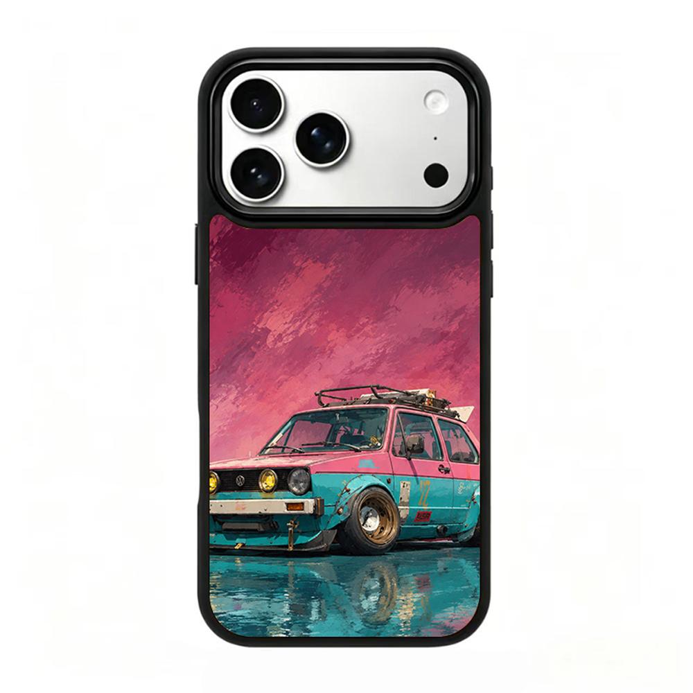 Compatible with iPhone 18 Pro & 17 Pro Colorful Painting PC Silicone Magnetic Phone Case - Powder Blue Retro Commuter Car
