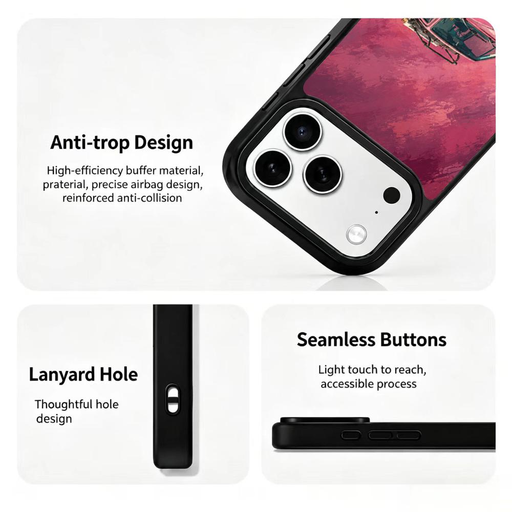 Compatible with iPhone 18 Pro & 17 Pro Colorful Painting PC Silicone Magnetic Phone Case - Powder Blue Retro Commuter Car
