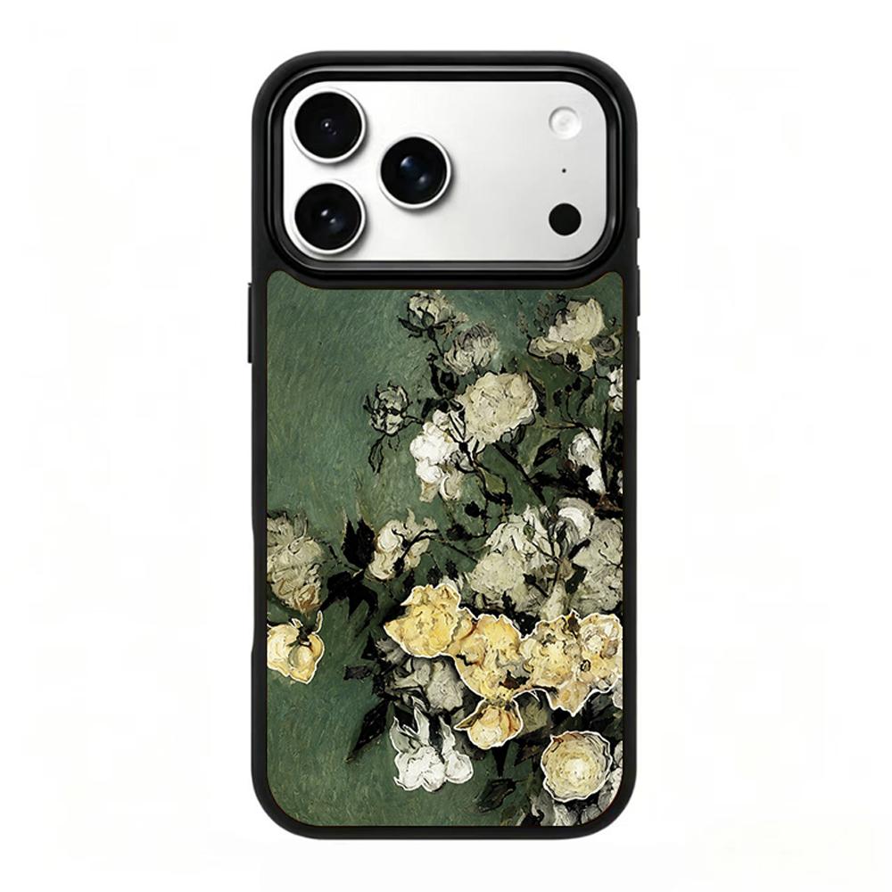 Compatible with iPhone 18 Pro Max & 17 Pro Max Colorful Painting PC Silicone Magnetic Phone Case - White Rose Texture Painting