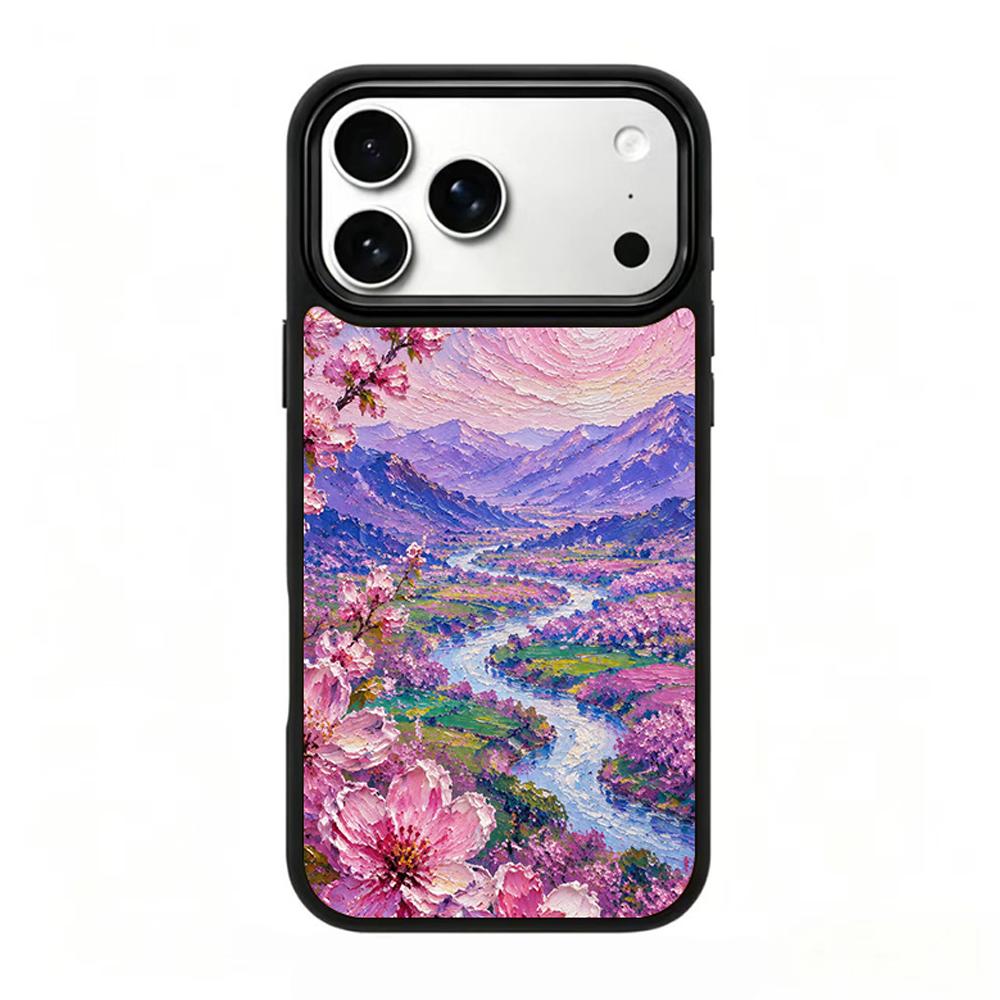 Compatible with iPhone 18 Pro Max & 17 Pro Max Colorful Painting PC Silicone Magnetic Phone Case - Pink Cherry Valley Secret Realm