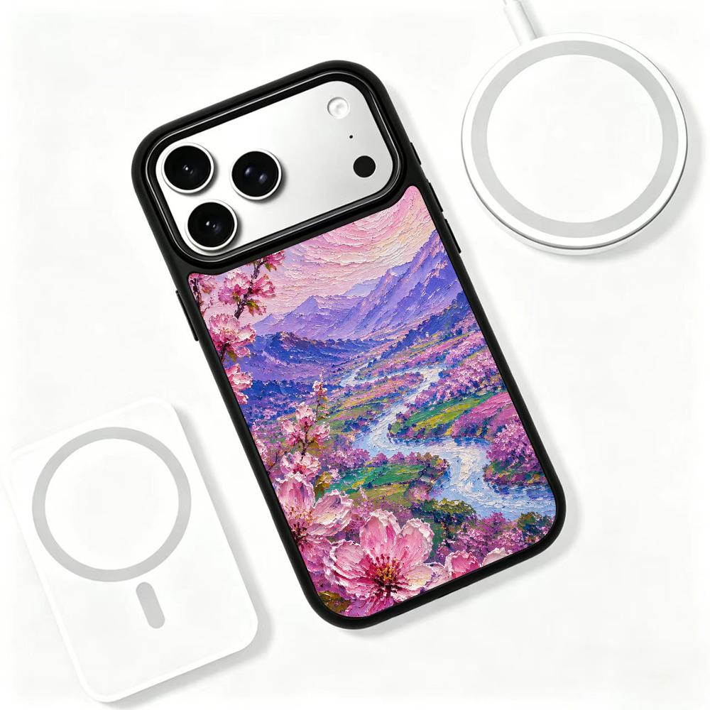 Compatible with iPhone 18 Pro Max & 17 Pro Max Colorful Painting PC Silicone Magnetic Phone Case - Pink Cherry Valley Secret Realm