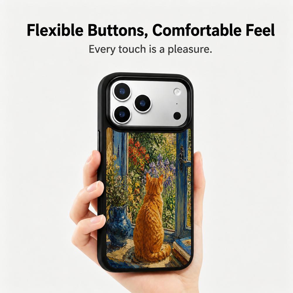 Compatible with iPhone 18 Pro Max & 17 Pro Max Colorful Painting PC Silicone Magnetic Phone Case - Orange Cat by The Window