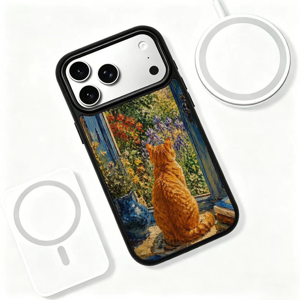 Compatible with iPhone 18 Pro Max & 17 Pro Max Colorful Painting PC Silicone Magnetic Phone Case - Orange Cat by The Window