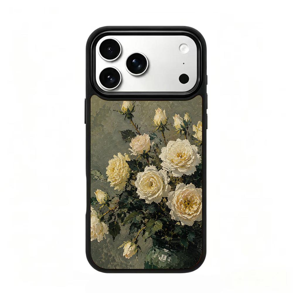 Compatible with iPhone 18 Pro Max & 17 Pro Max Colorful Painting PC Silicone Magnetic Phone Case - Grayish White Rose Vase