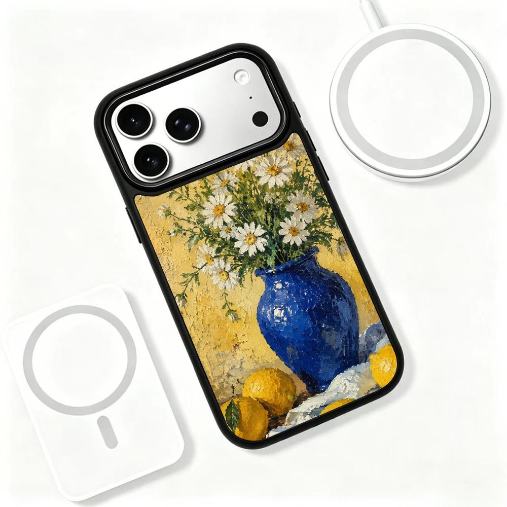 Compatible with iPhone 18 Pro Max & 17 Pro Max Colorful Painting PC Silicone Magnetic Phone Case - Klein Blue Daisy Lemon