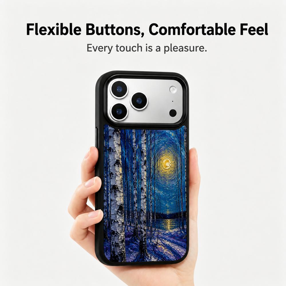 Compatible with iPhone 18 Pro Max & 17 Pro Max Colorful Painting PC Silicone Magnetic Phone Case - Moonlit Birch Trees by The Lake