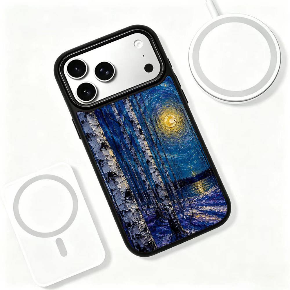 Compatible with iPhone 18 Pro Max & 17 Pro Max Colorful Painting PC Silicone Magnetic Phone Case - Moonlit Birch Trees by The Lake