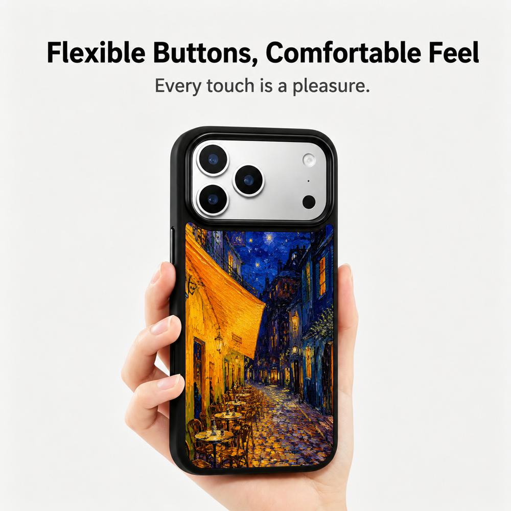 Compatible with iPhone 18 Pro & 17 Pro Colorful Painting PC Silicone Magnetic Phone Case - Street Side Night Cafes