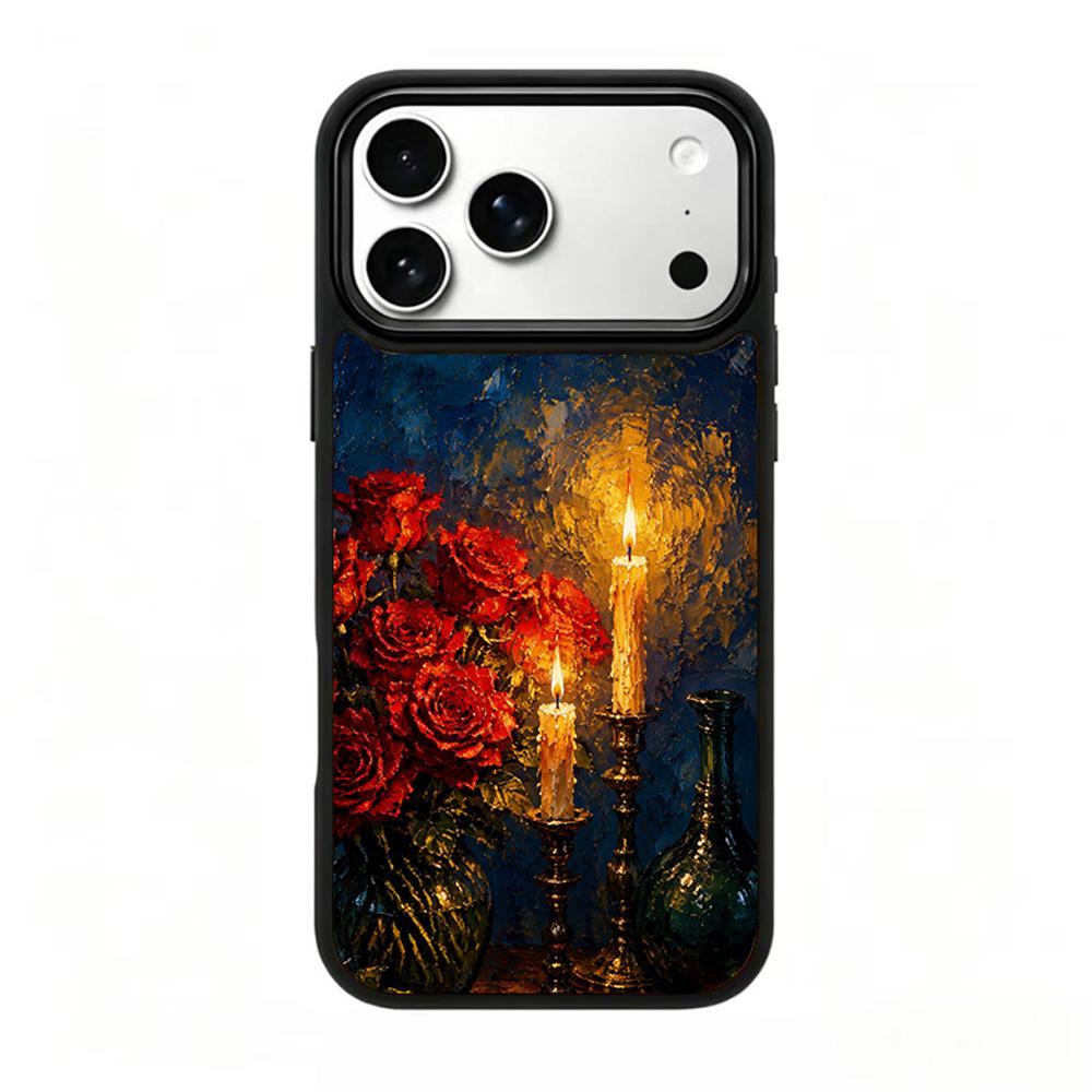Compatible with iPhone 18 Pro & 17 Pro Colorful Painting PC Silicone Magnetic Phone Case - Candlelight Red Rose
