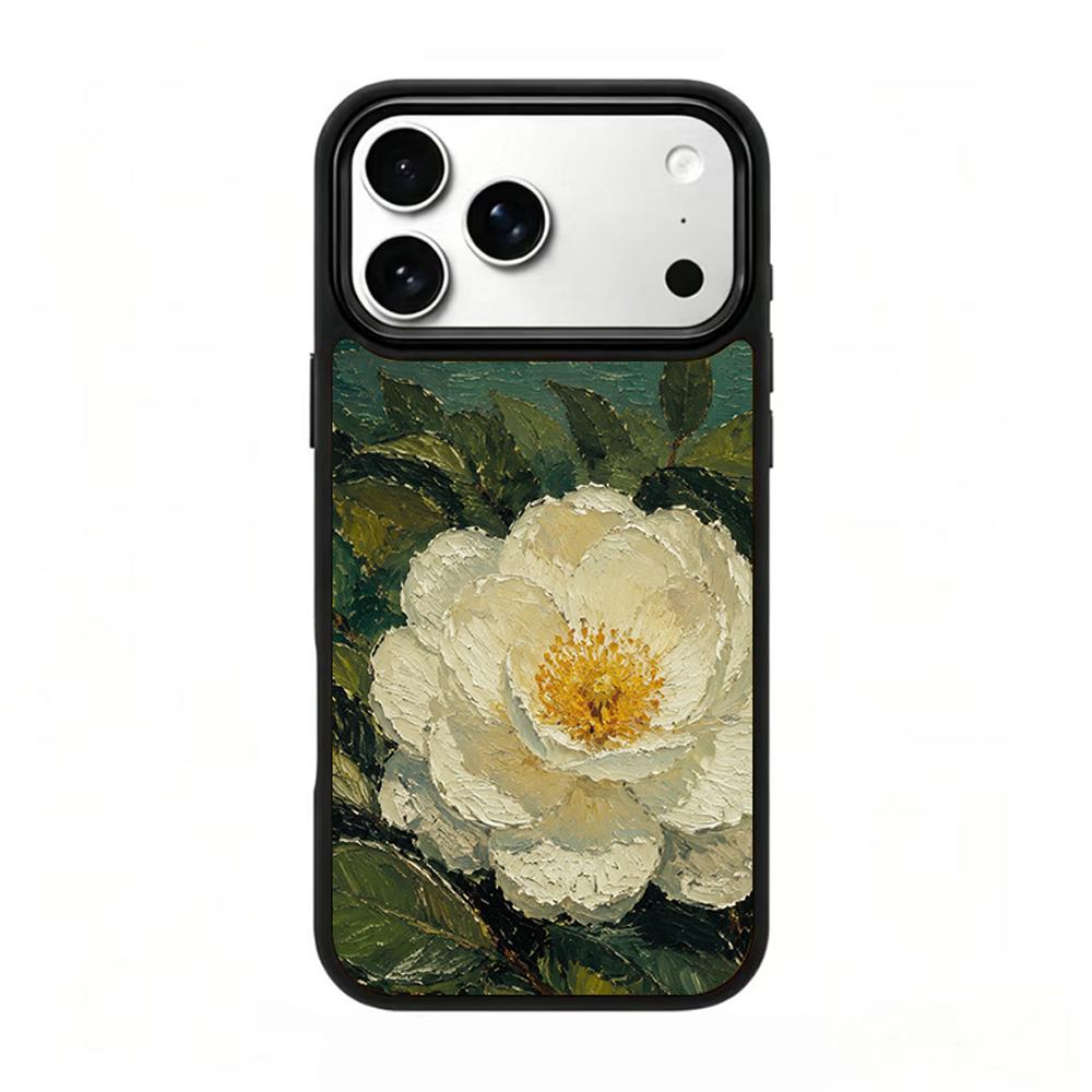 Compatible with iPhone 18 Pro & 17 Pro Colorful Painting PC Silicone Magnetic Phone Case - Plain White Camellia Texture Painting