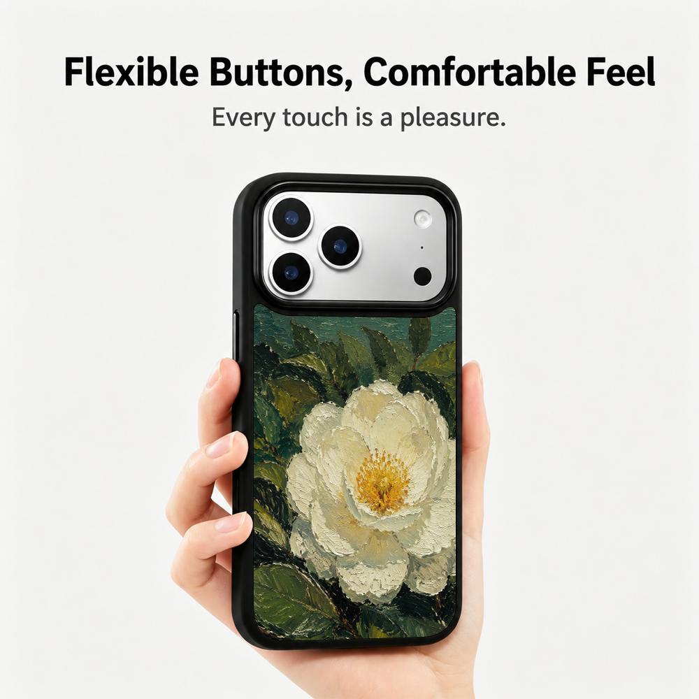 Compatible with iPhone 18 Pro & 17 Pro Colorful Painting PC Silicone Magnetic Phone Case - Plain White Camellia Texture Painting
