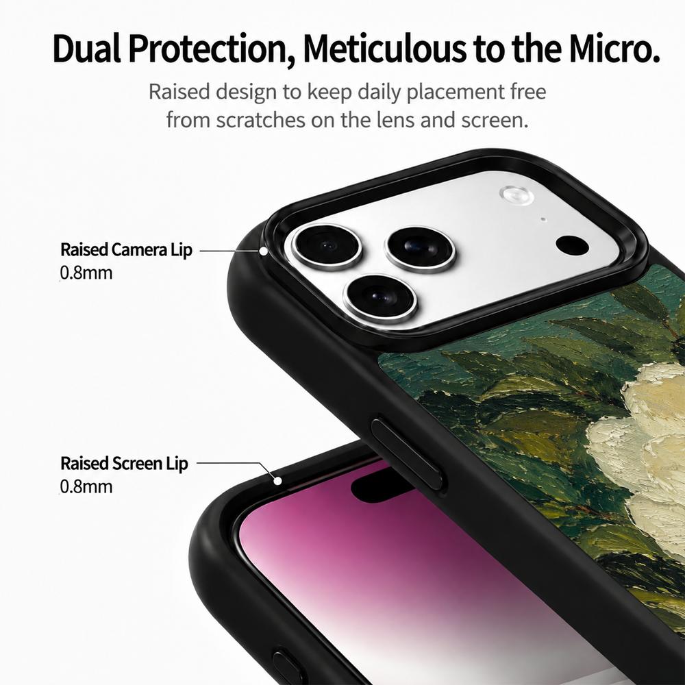 Compatible with iPhone 18 Pro & 17 Pro Colorful Painting PC Silicone Magnetic Phone Case - Plain White Camellia Texture Painting