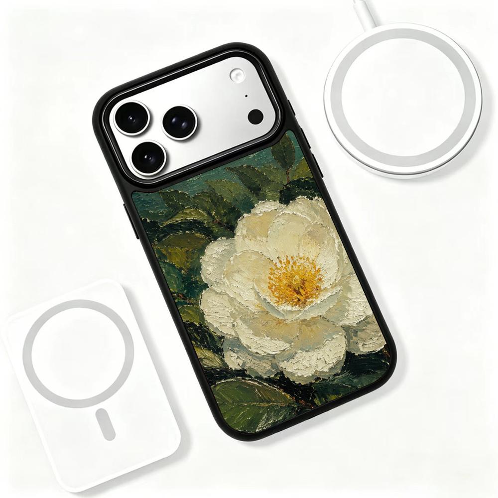 Compatible with iPhone 18 Pro & 17 Pro Colorful Painting PC Silicone Magnetic Phone Case - Plain White Camellia Texture Painting