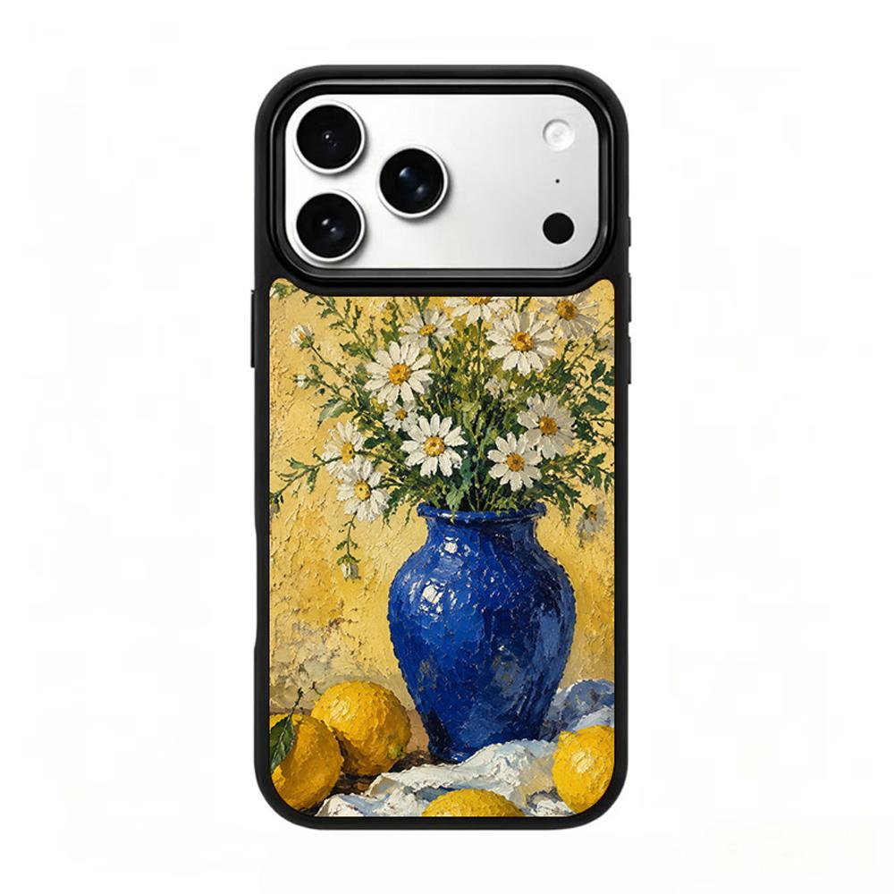 Compatible with iPhone 18 Pro & 17 Pro Colorful Painting PC Silicone Magnetic Phone Case - Klein Blue Daisy Lemon