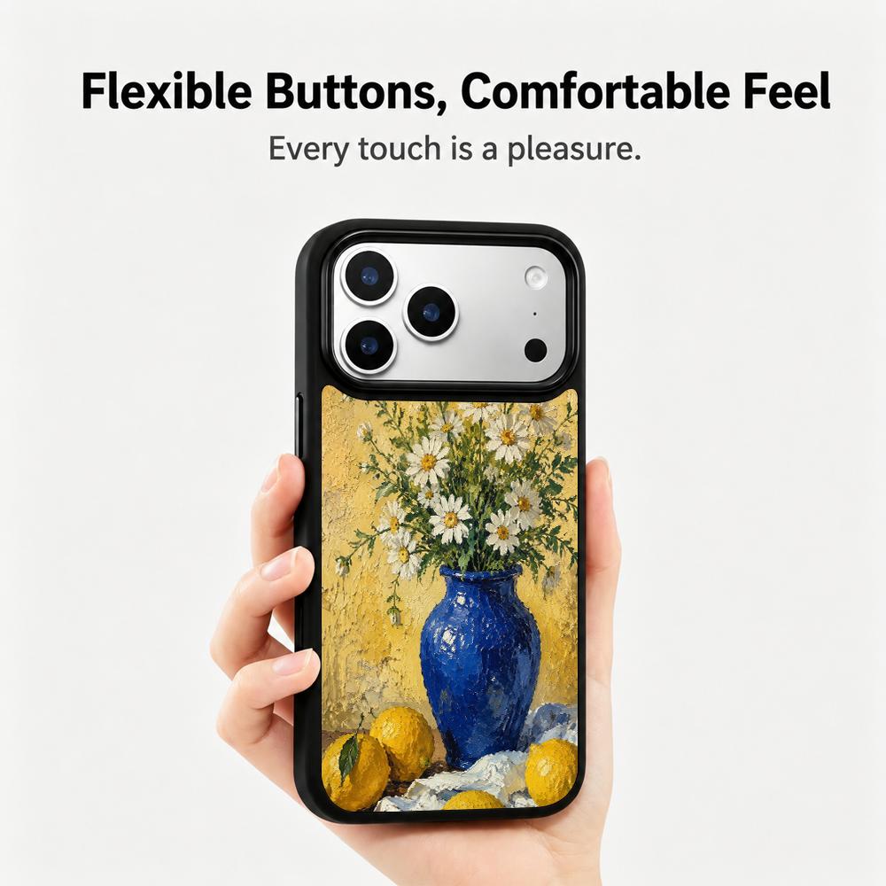 Compatible with iPhone 18 Pro & 17 Pro Colorful Painting PC Silicone Magnetic Phone Case - Klein Blue Daisy Lemon