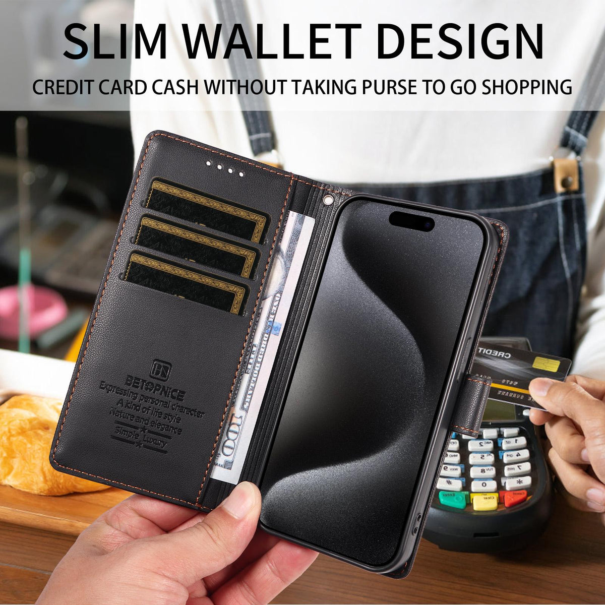 Compatible with iPhone 18 Pro Max BETOPNICE Pearlescent RFID Vegan Leather Phone Case with Strap - Black