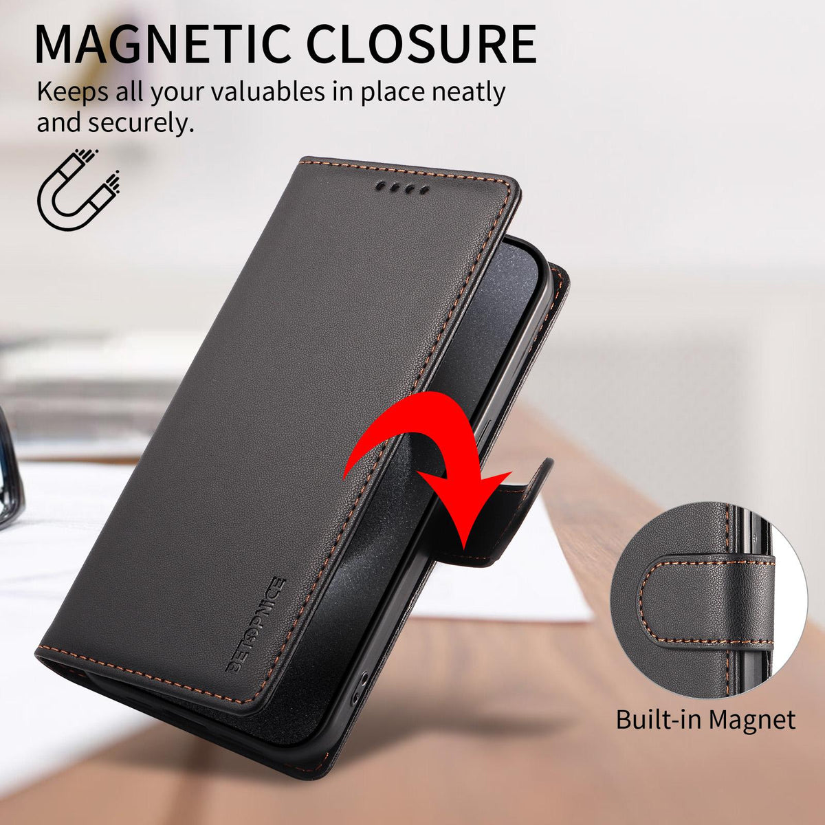 Compatible with iPhone 18 Pro Max BETOPNICE Pearlescent RFID Vegan Leather Phone Case with Strap - Black