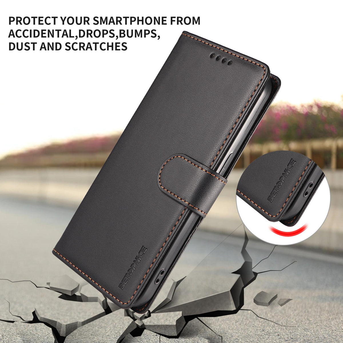 Compatible with iPhone 18 Pro Max BETOPNICE Pearlescent RFID Vegan Leather Phone Case with Strap - Black