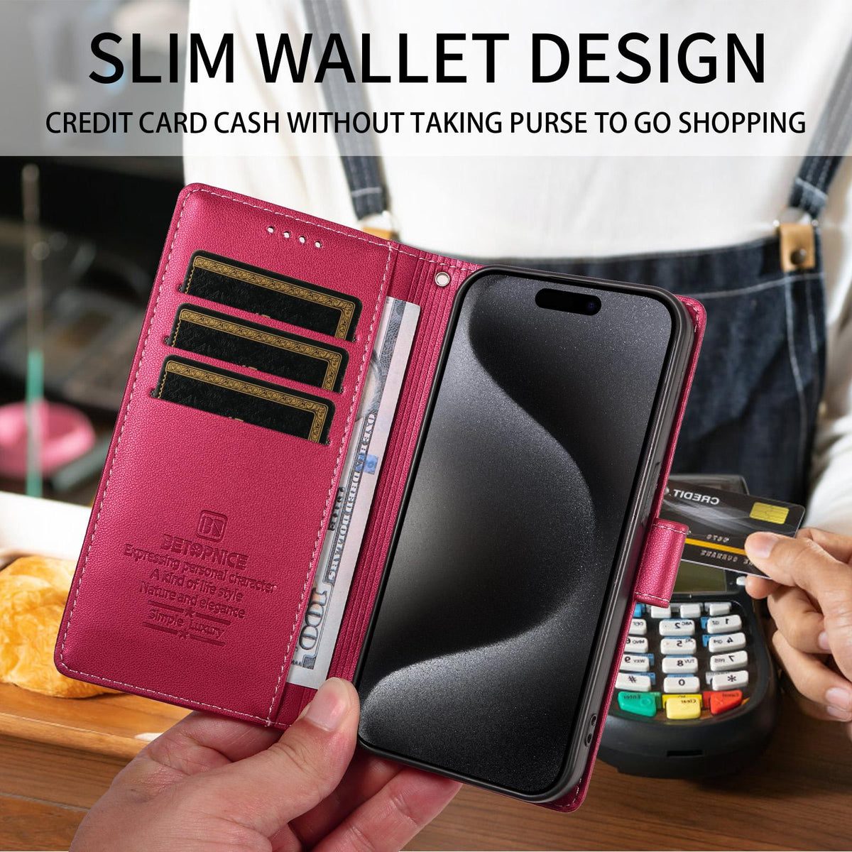 Compatible with iPhone 18 Pro Max BETOPNICE Pearlescent RFID Vegan Leather Phone Case with Strap - Red