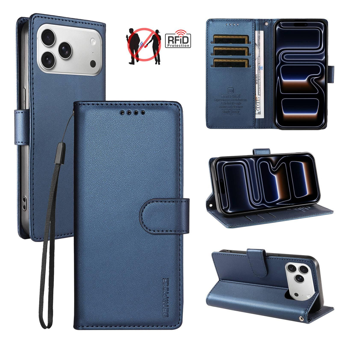 Compatible with iPhone 18 Pro Max BETOPNICE Pearlescent RFID Vegan Leather Phone Case with Strap - Blue