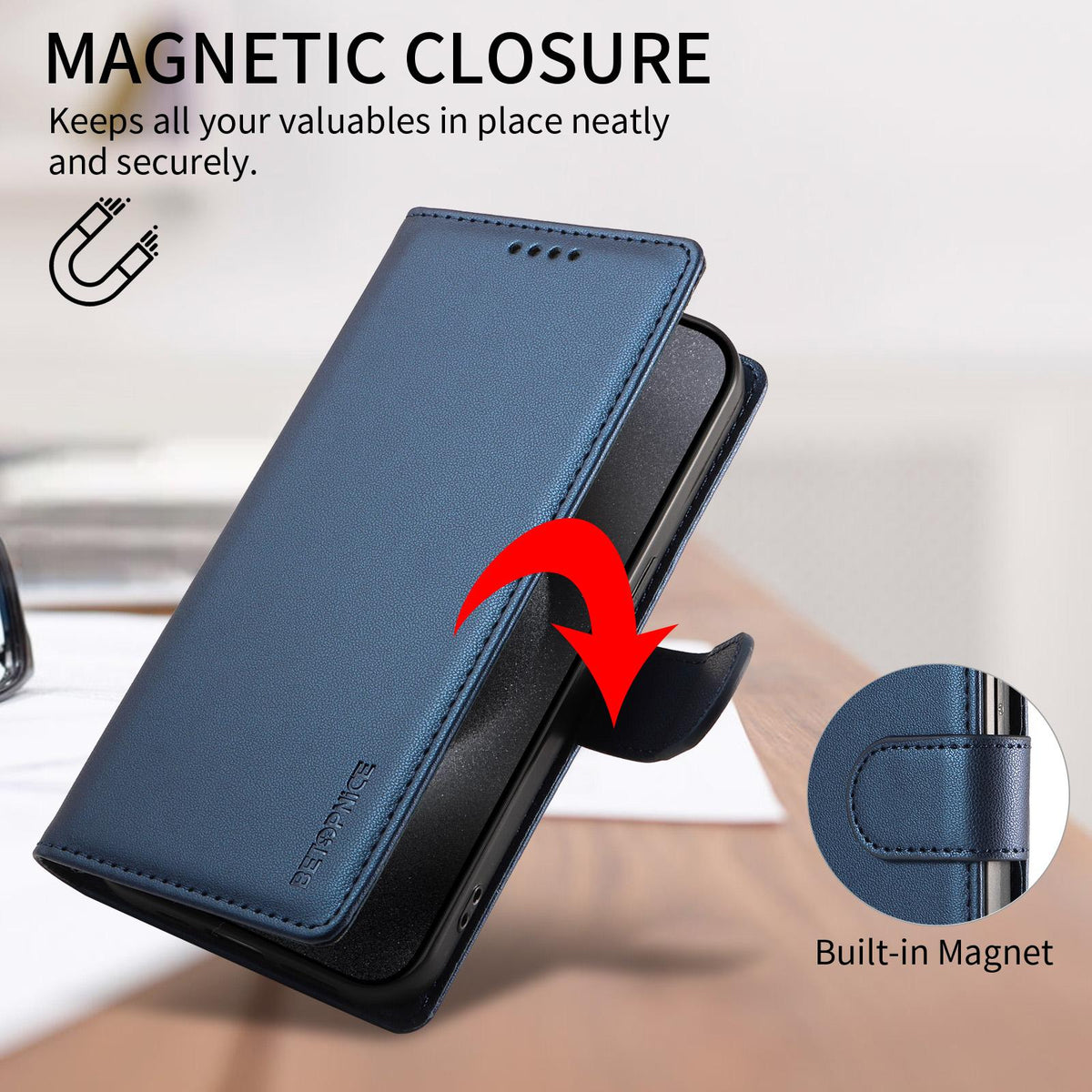 Compatible with iPhone 18 Pro Max BETOPNICE Pearlescent RFID Vegan Leather Phone Case with Strap - Blue