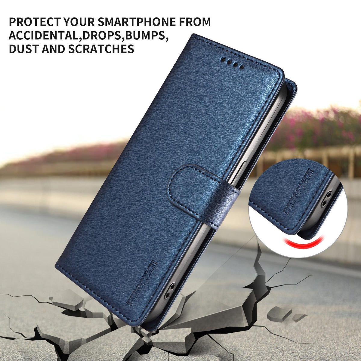 Compatible with iPhone 18 Pro Max BETOPNICE Pearlescent RFID Vegan Leather Phone Case with Strap - Blue