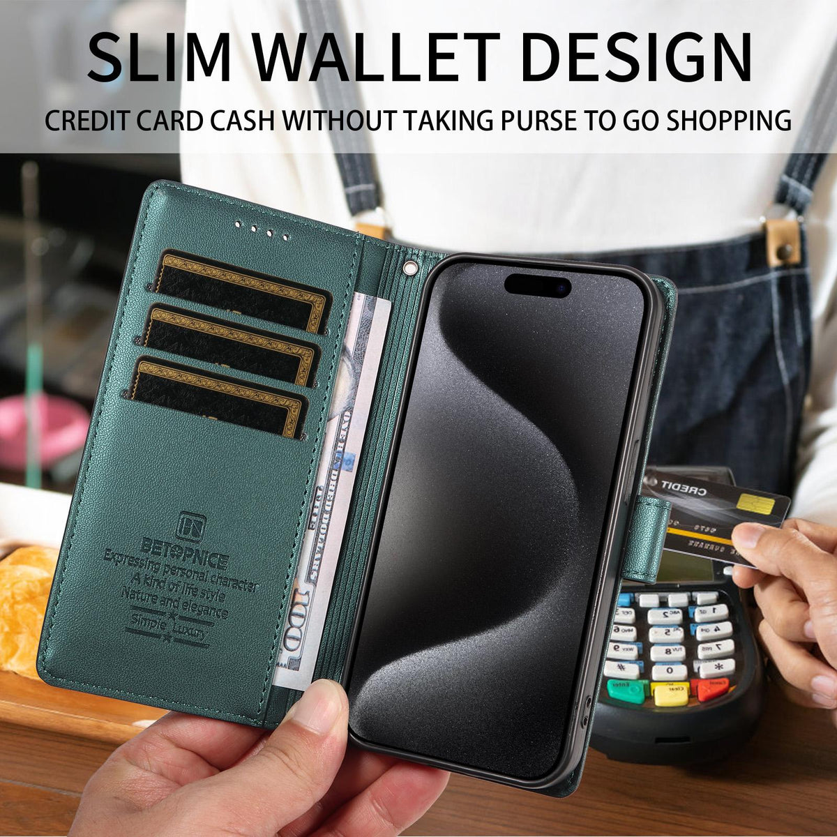 Compatible with iPhone 18 Pro Max BETOPNICE Pearlescent RFID Vegan Leather Phone Case with Strap - Green